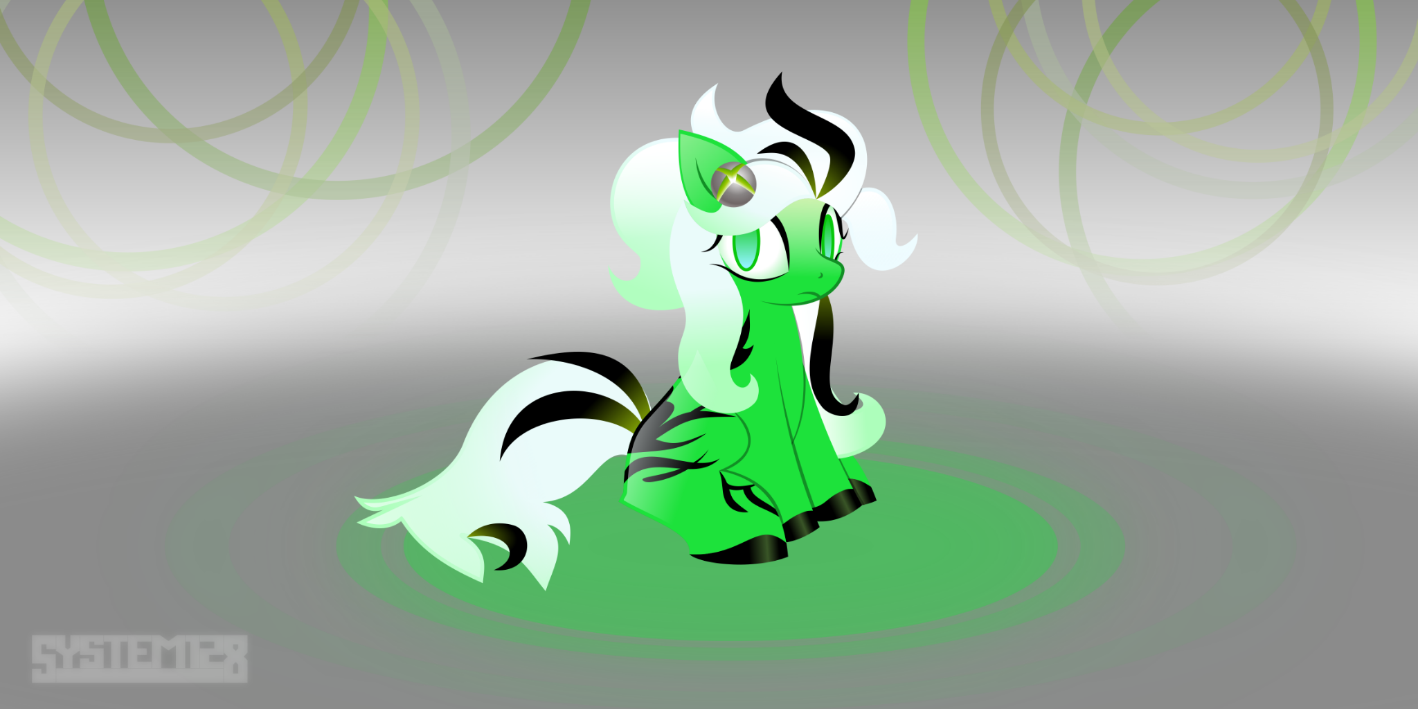 An Xbox-themed pony sitting in a void with various green circles in the background.