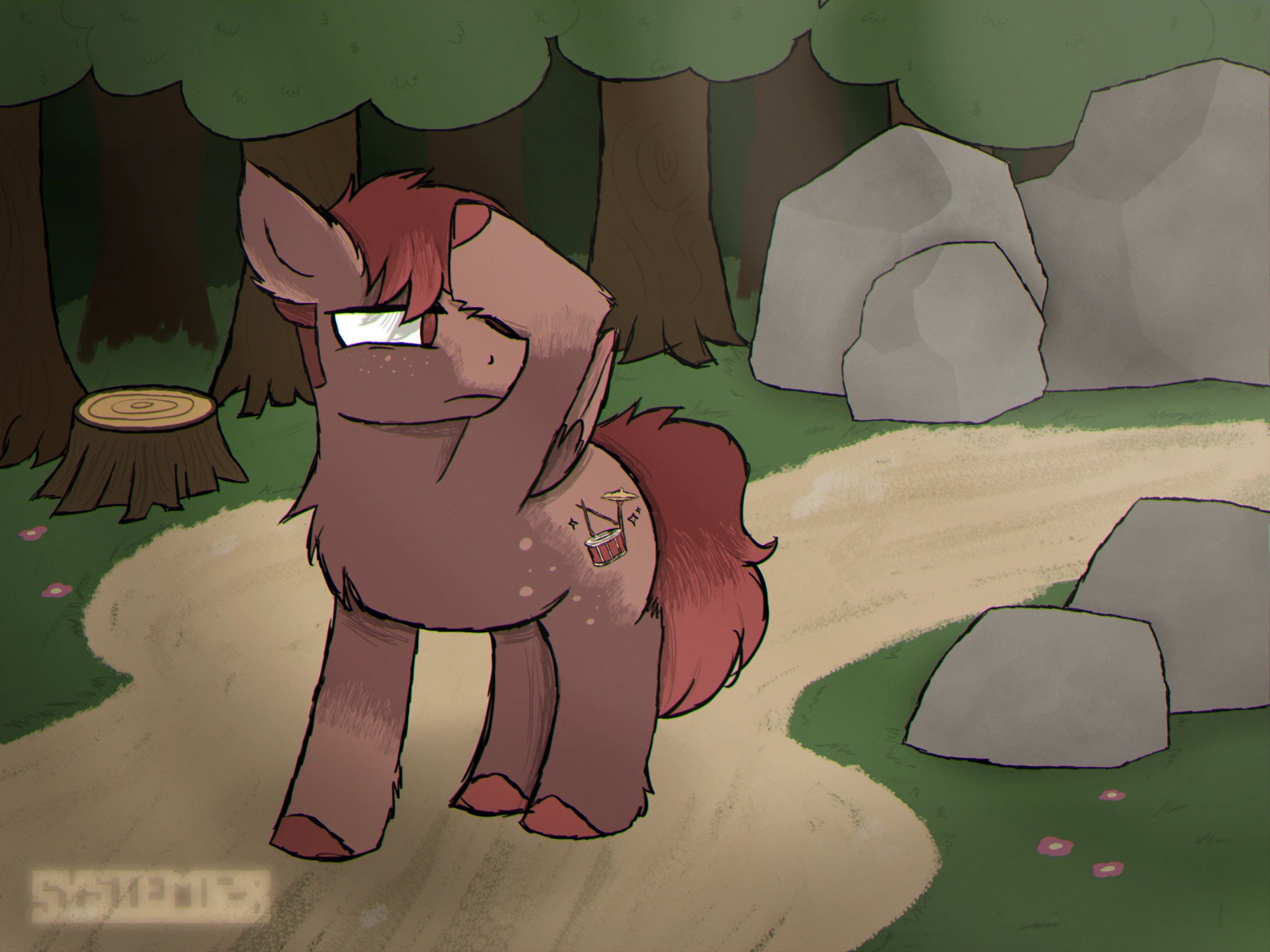 A red pegasus finding their way through a forest.