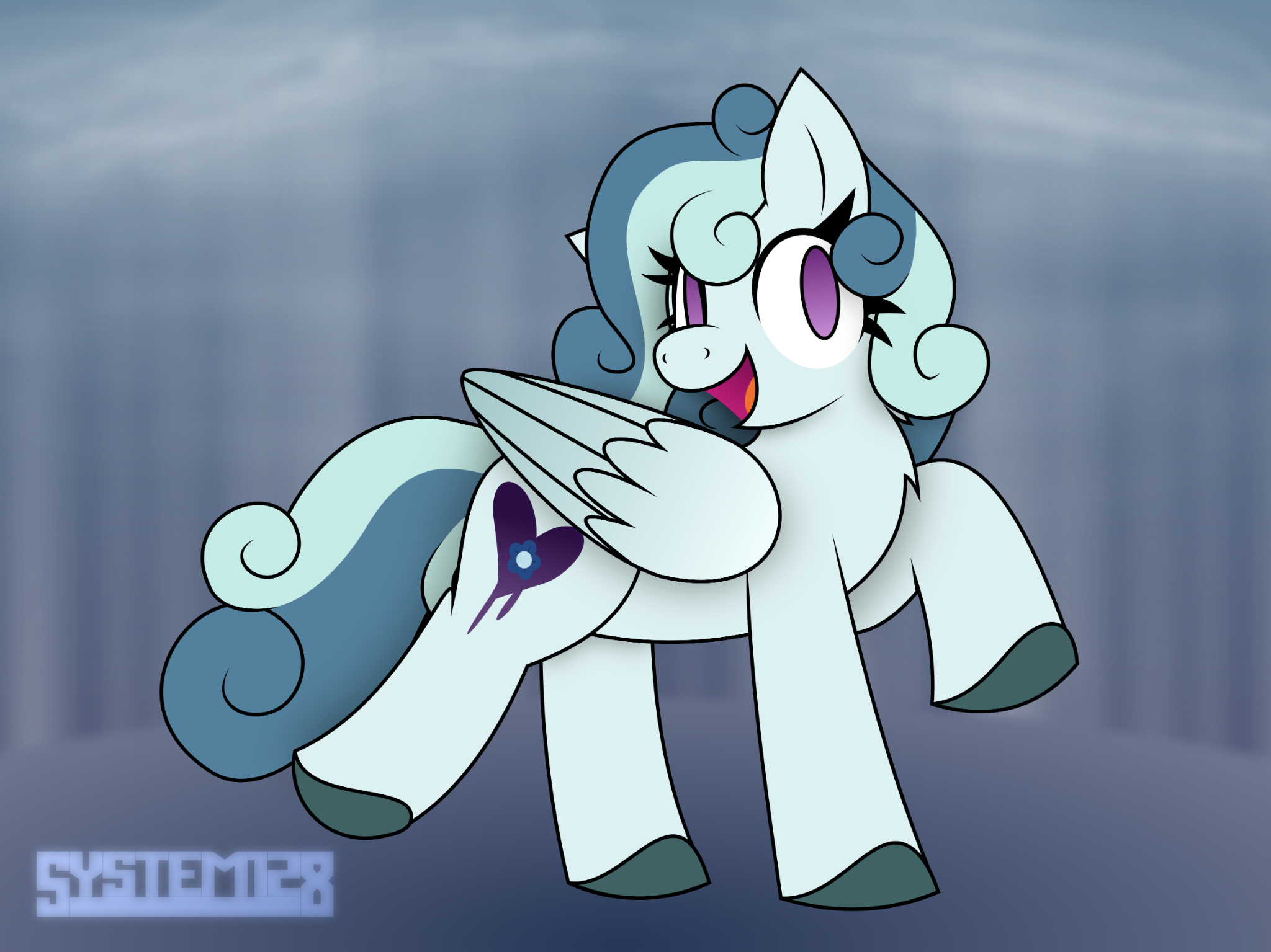 A blue pegasus with curly hair.