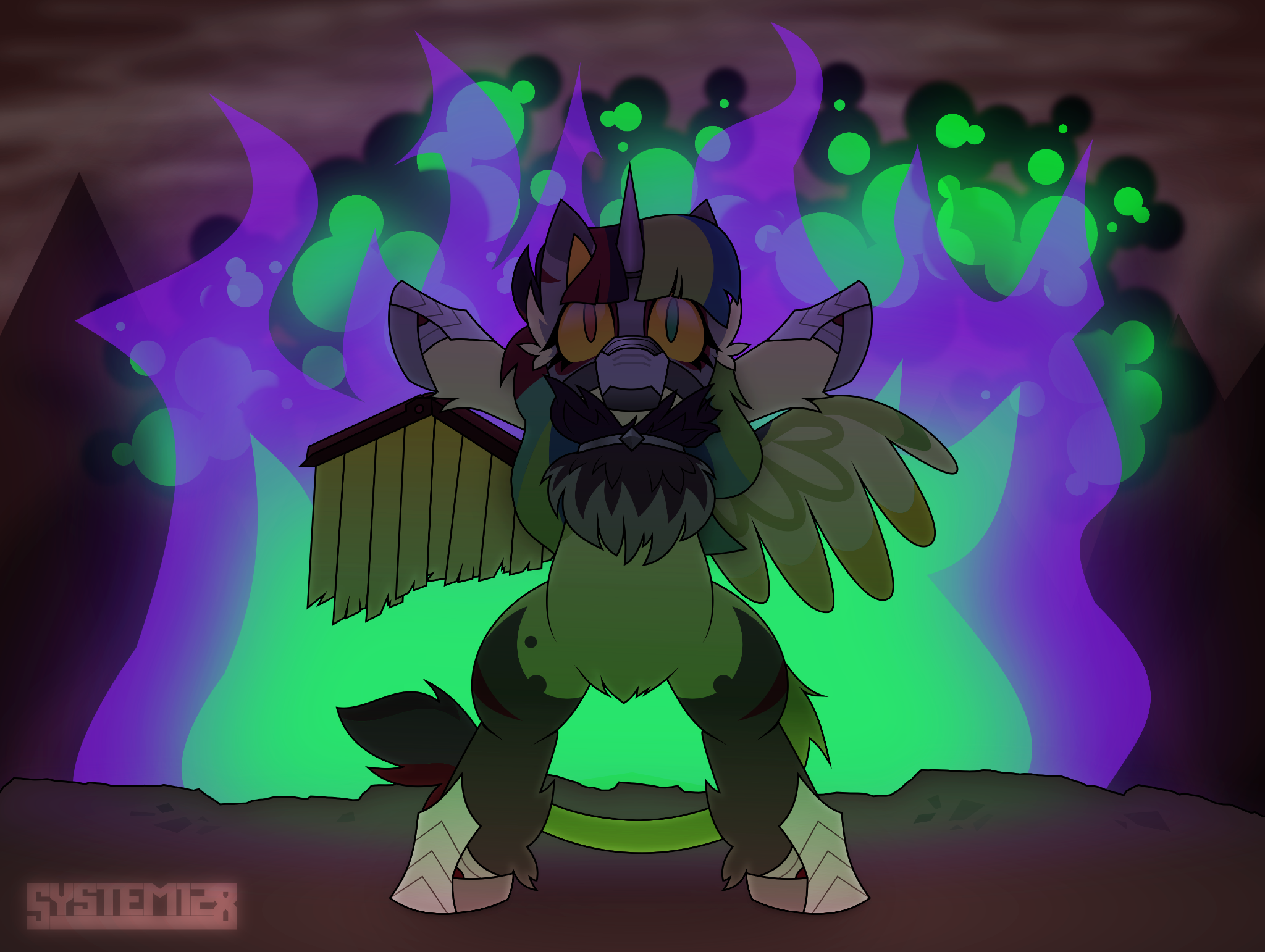 A King Sombra cultist pony using a similar sort of dark magic, at least visually, to King Sombra.