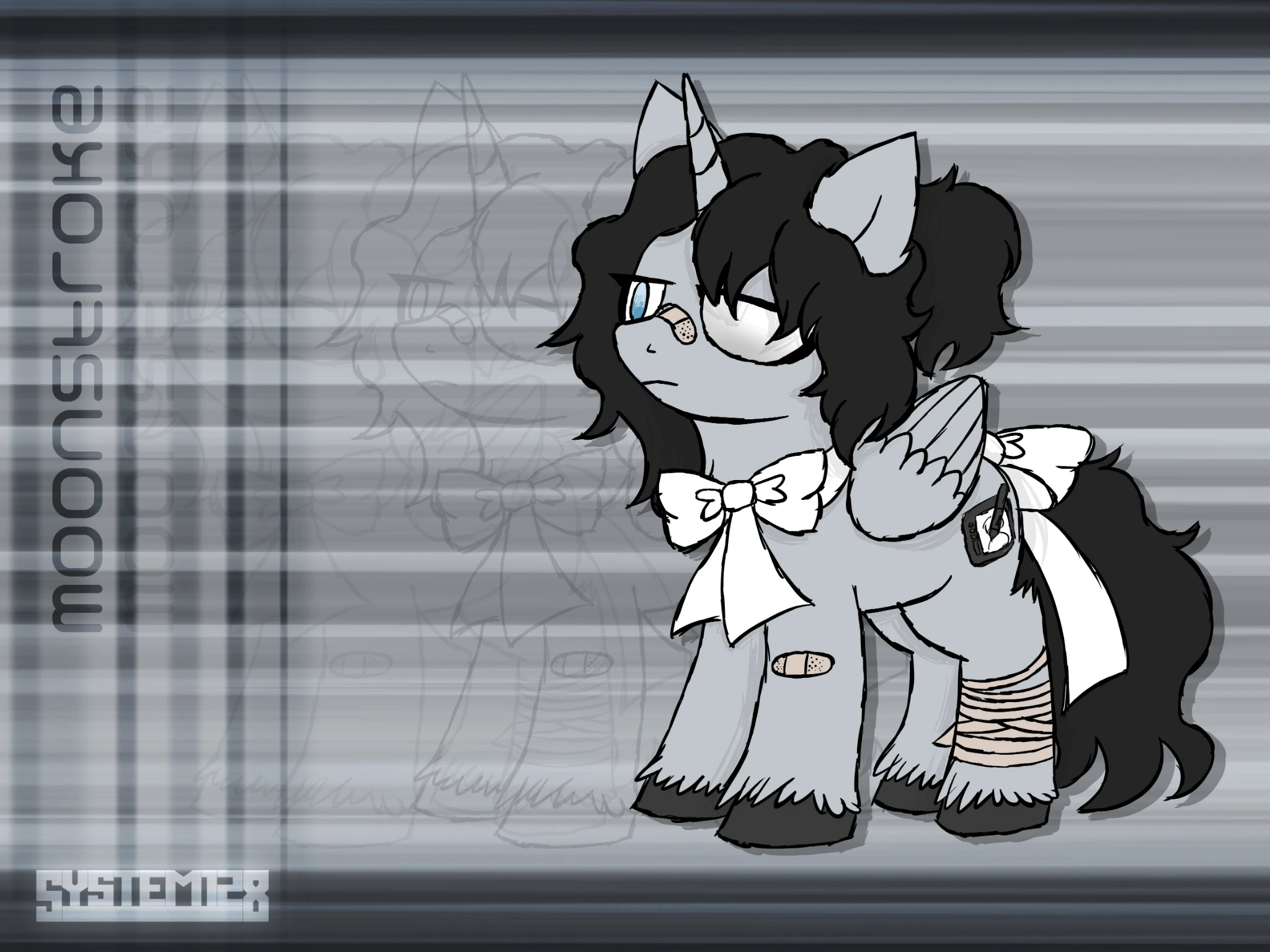 A half-blind alicorn artist pony amongst some y2k-esque design language.
