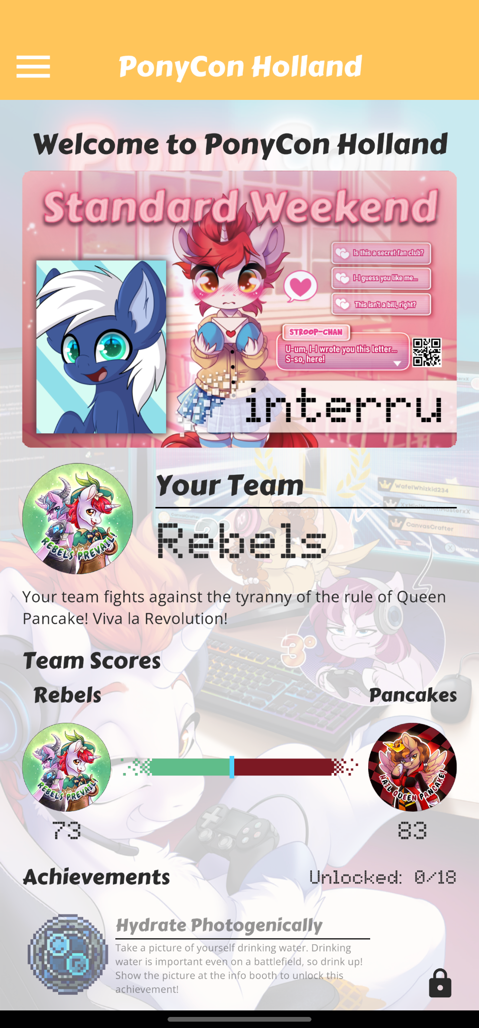 Screenshot of Ponycon Holland app showing my ticket and my team assignment: Team rebels
